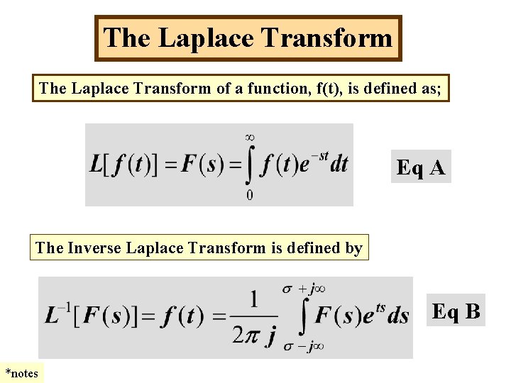 The Laplace Transform of a function, f(t), is defined as; Eq A The Inverse