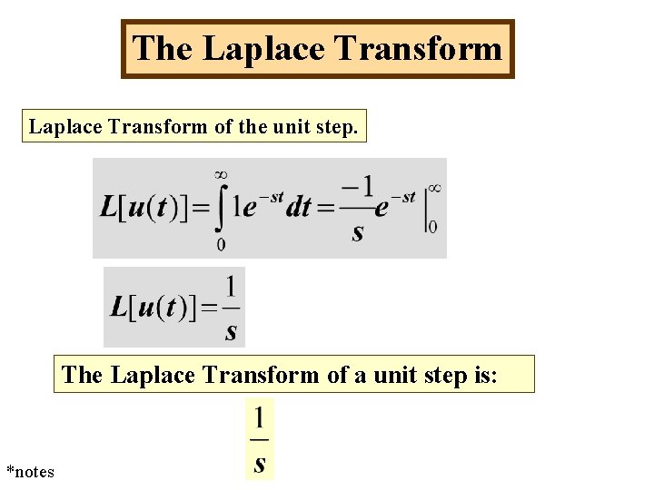 The Laplace Transform of the unit step. The Laplace Transform of a unit step