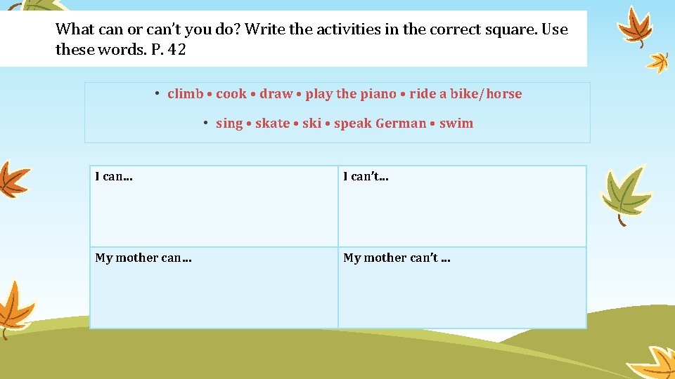 What can or can’t you do? Write the activities in the correct square. Use