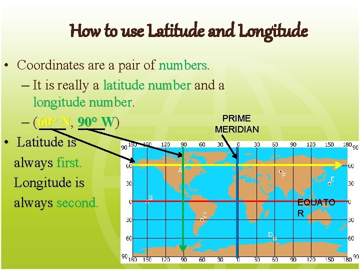 How to use Latitude and Longitude • Coordinates are a pair of numbers –
