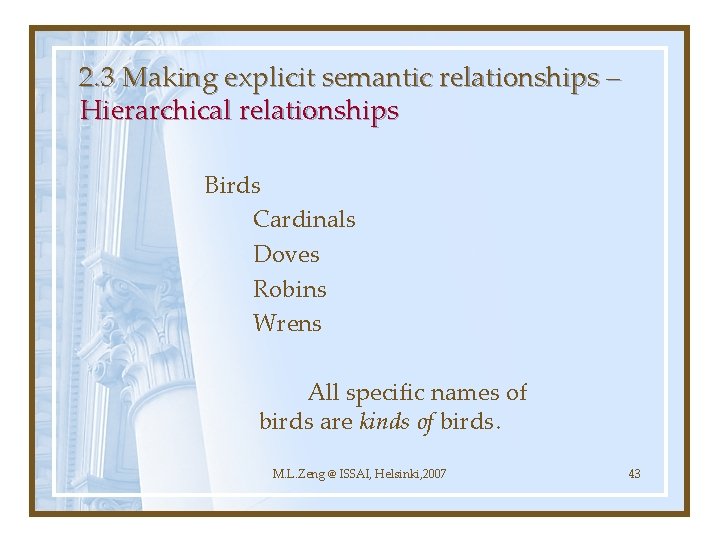 2. 3 Making explicit semantic relationships – Hierarchical relationships Birds Cardinals Doves Robins Wrens