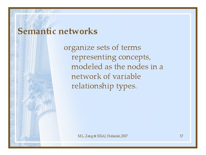 Semantic networks organize sets of terms representing concepts, modeled as the nodes in a