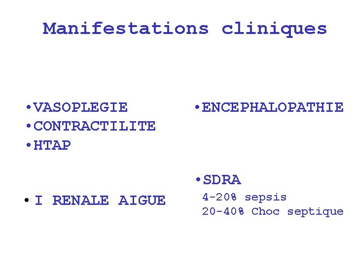 Manifestations cliniques • VASOPLEGIE • CONTRACTILITE • HTAP • ENCEPHALOPATHIE • SDRA • I