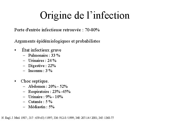 Origine de l’infection Porte d'entrée infectieuse retrouvée : 70 -80% Arguments épidémiologiques et probabilistes