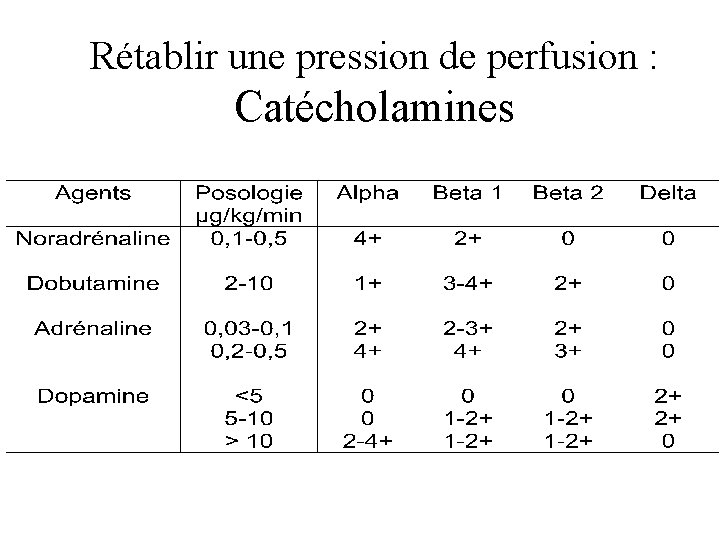 Rétablir une pression de perfusion : Catécholamines 