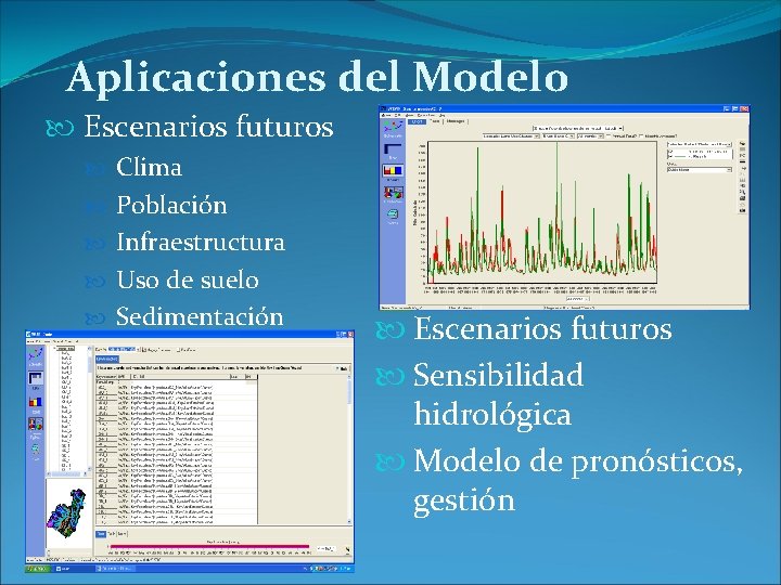 Aplicaciones del Modelo Escenarios futuros Clima Población Infraestructura Uso de suelo Sedimentación Escenarios futuros