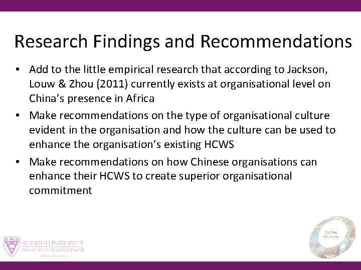 Research Findings and Recommendations • Add to the little empirical research that according to