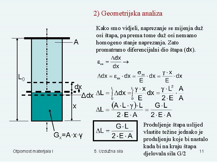 2) Geometrijska analiza A Kako smo vidjeli, naprezanje se mijenja duž osi štapa, pa 2) Geometrijska analiza A Kako smo vidjeli, naprezanje se mijenja duž osi štapa, pa