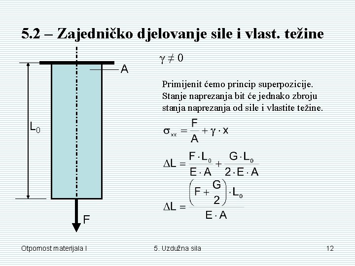 5. 2 – Zajedničko djelovanje sile i vlast. težine A γ≠ 0 Primijenit ćemo 5. 2 – Zajedničko djelovanje sile i vlast. težine A γ≠ 0 Primijenit ćemo