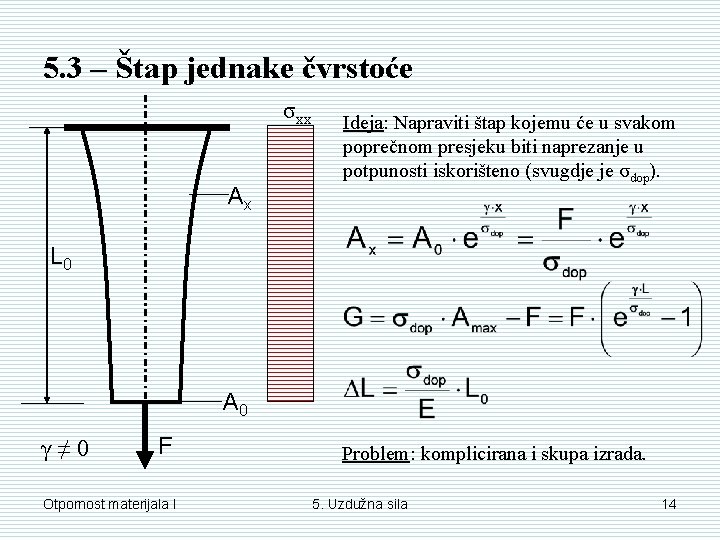 5. 3 – Štap jednake čvrstoće σxx Ax Ideja: Napraviti štap kojemu će u 5. 3 – Štap jednake čvrstoće σxx Ax Ideja: Napraviti štap kojemu će u