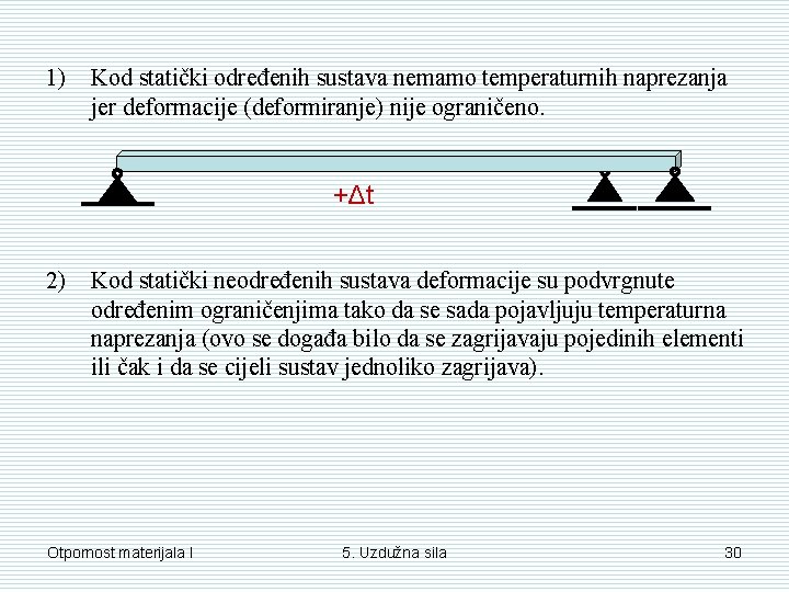 1) Kod statički određenih sustava nemamo temperaturnih naprezanja jer deformacije (deformiranje) nije ograničeno. +Δt 1) Kod statički određenih sustava nemamo temperaturnih naprezanja jer deformacije (deformiranje) nije ograničeno. +Δt