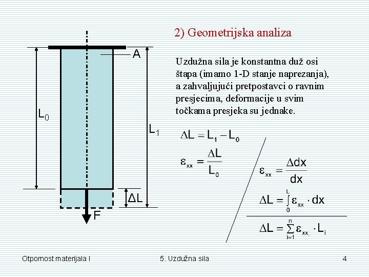 2) Geometrijska analiza A L 0 Uzdužna sila je konstantna duž osi štapa (imamo 2) Geometrijska analiza A L 0 Uzdužna sila je konstantna duž osi štapa (imamo