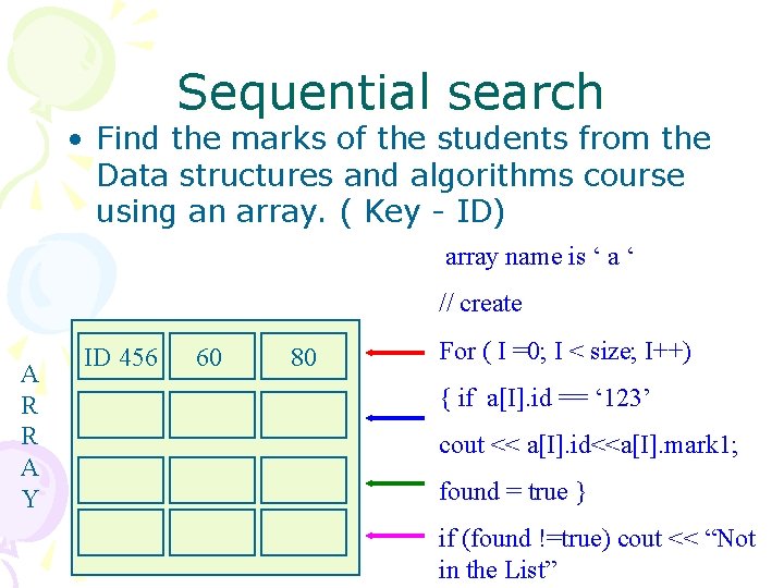 Sequential search • Find the marks of the students from the Data structures and