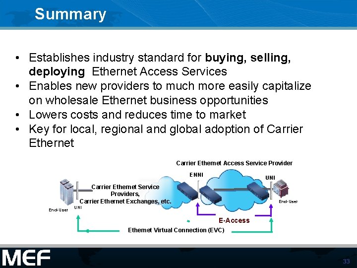 Summary • Establishes industry standard for buying, selling, deploying Ethernet Access Services • Enables