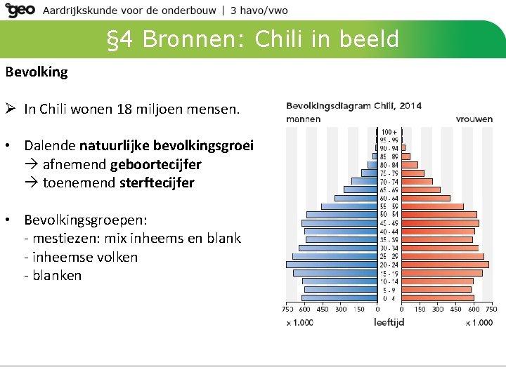 § 4 Bronnen: Chili in beeld Bevolking Ø In Chili wonen 18 miljoen mensen.