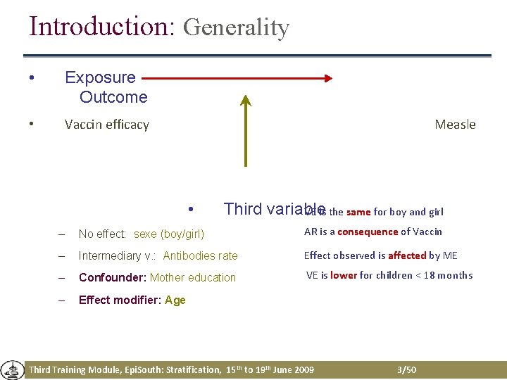 Introduction: Generality • Exposure Outcome • Vaccin efficacy Measle • Third variable VE is Introduction: Generality • Exposure Outcome • Vaccin efficacy Measle • Third variable VE is