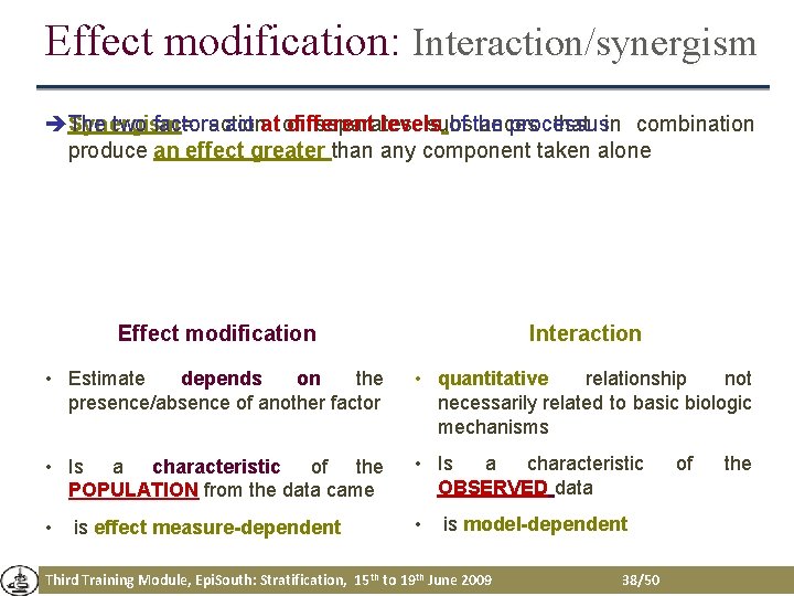 Effect modification: Interaction/synergism The two factorsaction Synergism= act at of different separates levels substances Effect modification: Interaction/synergism The two factorsaction Synergism= act at of different separates levels substances