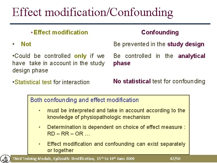 Effect modification/Confounding • Effect modification • Not Confounding Be prevented in the study design Effect modification/Confounding • Effect modification • Not Confounding Be prevented in the study design