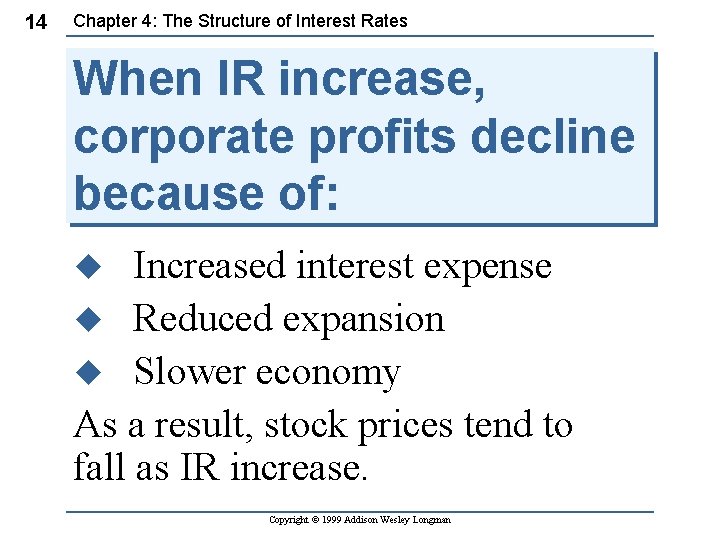 14 Chapter 4: The Structure of Interest Rates When IR increase, corporate profits decline 14 Chapter 4: The Structure of Interest Rates When IR increase, corporate profits decline