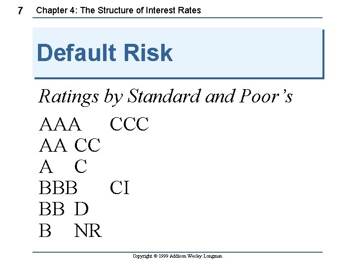 7 Chapter 4: The Structure of Interest Rates Default Risk Ratings by Standard and 7 Chapter 4: The Structure of Interest Rates Default Risk Ratings by Standard and