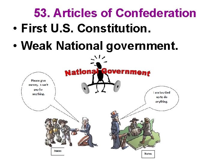 53. Articles of Confederation • First U. S. Constitution. • Weak National government. 