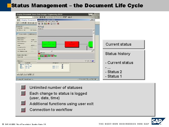 Status Management – the Document Life Cycle Current status Status history - Current status