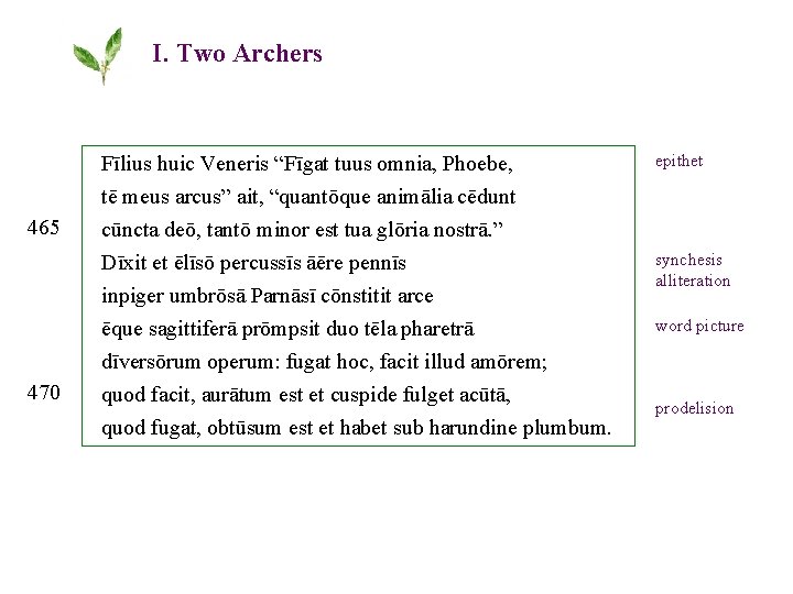 I. Two Archers 465 470 Fīlius huic Veneris “Fīgat tuus omnia, Phoebe, tē meus