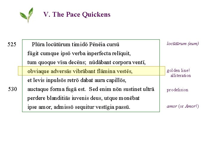 V. The Pace Quickens 525 Plūra locūtūrum timidō Pēnēia cursū fūgit cumque ipsō verba