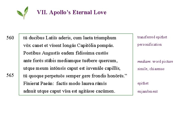 VII. Apollo’s Eternal Love 560 565 tū ducibus Latiīs aderis, cum laeta triumphum vōx