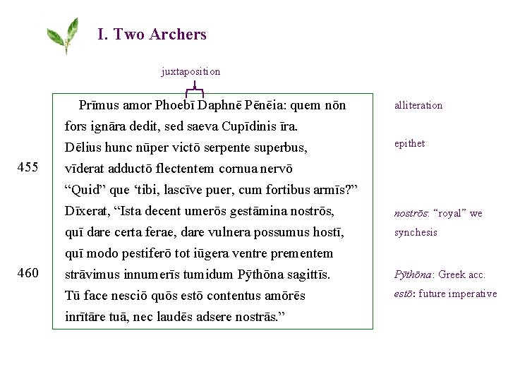 I. Two Archers juxtaposition 455 460 Prīmus amor Phoebī Daphnē Pēnēia: quem nōn fors