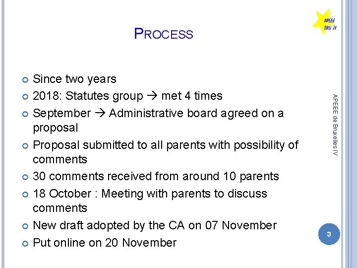 PROCESS Since two years 2018: Statutes group met 4 times September Administrative board agreed