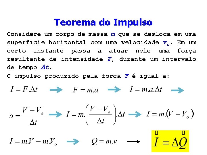 Teorema do Impulso Considere um corpo de massa m que se desloca em uma