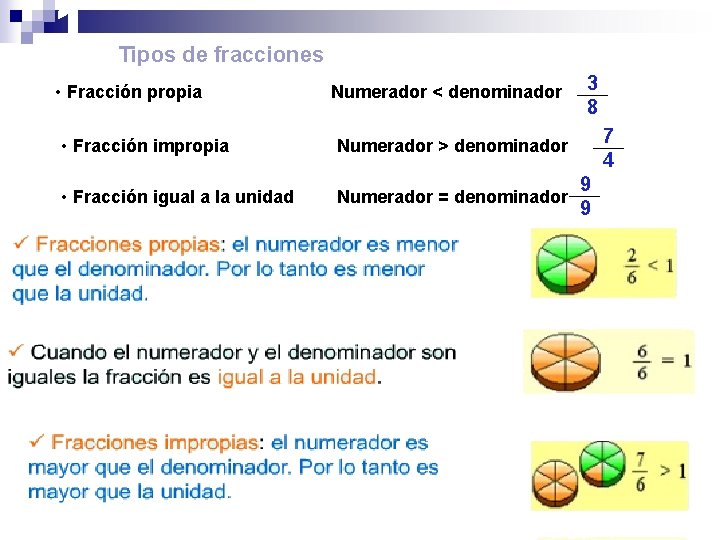 1 Tipos de fracciones • Fracción propia Numerador < denominador • Fracción impropia Numerador