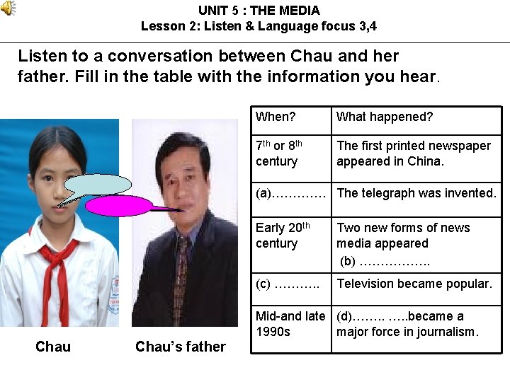 UNIT 5 : THE MEDIA Lesson 2: Listen & Language focus 3, 4 Listen