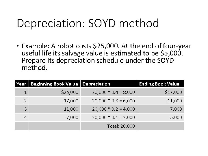 Depreciation: SOYD method • Example: A robot costs $25, 000. At the end of