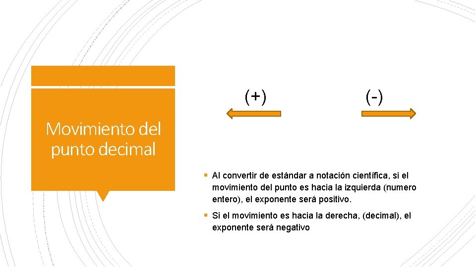 (+) (-) Movimiento del punto decimal § Al convertir de estándar a notación científica, (+) (-) Movimiento del punto decimal § Al convertir de estándar a notación científica,