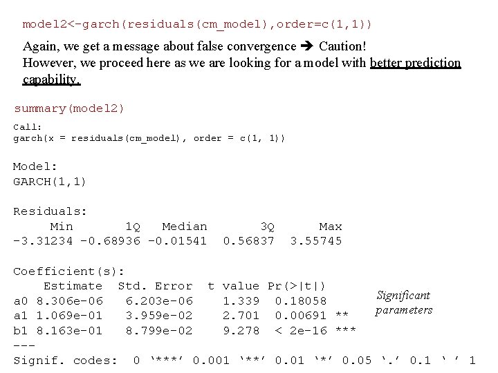 model 2<-garch(residuals(cm_model), order=c(1, 1)) Again, we get a message about false convergence Caution! However,