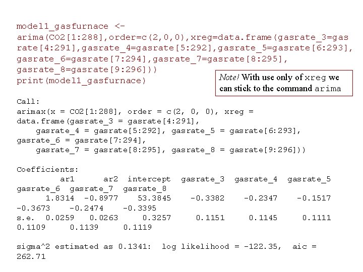 model 1_gasfurnace <arima(CO 2[1: 288], order=c(2, 0, 0), xreg=data. frame(gasrate_3=gas rate[4: 291], gasrate_4=gasrate[5: 292],