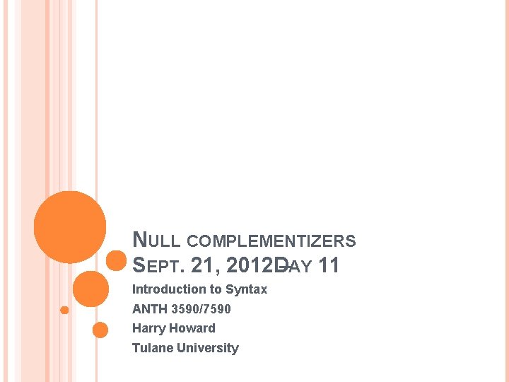 NULL COMPLEMENTIZERS SEPT. 21, 2012 D–AY 11 Introduction to Syntax ANTH 3590/7590 Harry Howard