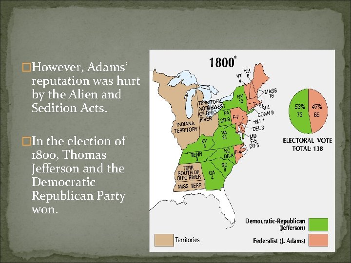 �However, Adams’ reputation was hurt by the Alien and Sedition Acts. �In the election