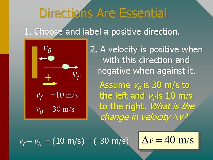 Directions Are Essential 1. Choose and label a positive direction. v 0 + vf