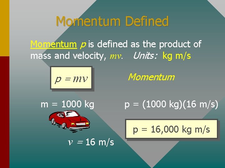 Momentum Defined Momentum p is defined as the product of mass and velocity, mv.