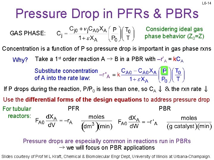 L 6 -14 Pressure Drop in PFRs & PBRs GAS PHASE: Considering ideal gas