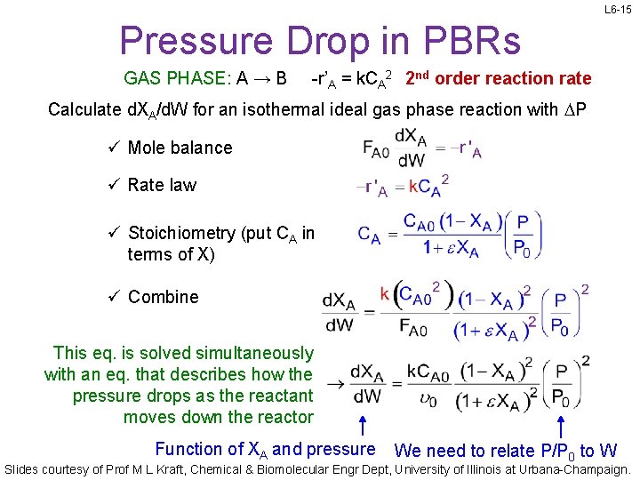 L 6 -15 Pressure Drop in PBRs GAS PHASE: A → B -r’A =