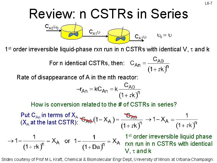 L 6 -7 Review: n CSTRs in Series CA 0 u 0 CA 1