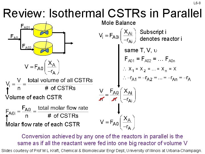 L 6 -8 Review: Isothermal CSTRs in Parallel FA 01 FA 02 Mole Balance