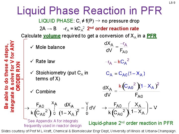 L 6 -9 Liquid Phase Reaction in PFR LIQUID PHASE: Ci ≠ f(P) →