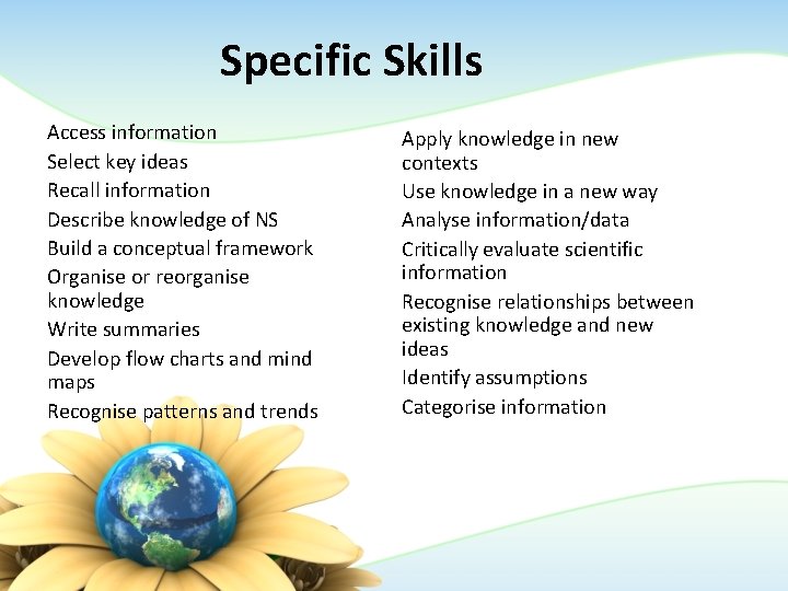 Specific Skills Access information Select key ideas Recall information Describe knowledge of NS Build Specific Skills Access information Select key ideas Recall information Describe knowledge of NS Build
