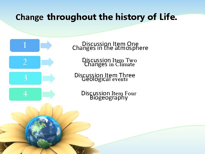 Change throughout the history of Life. 1 Discussion Item One Changes in the atmosphere Change throughout the history of Life. 1 Discussion Item One Changes in the atmosphere