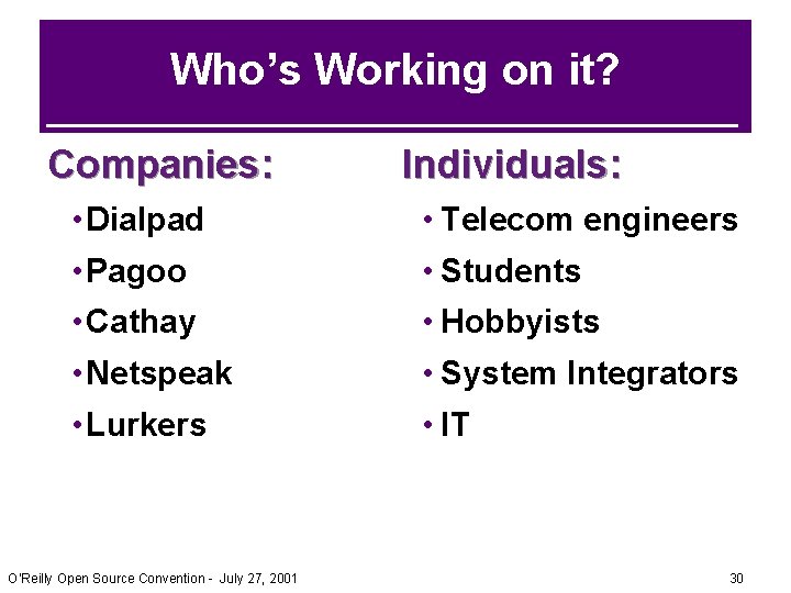 Who’s Working on it? Companies: Individuals: • Dialpad • Telecom engineers • Pagoo • Who’s Working on it? Companies: Individuals: • Dialpad • Telecom engineers • Pagoo •